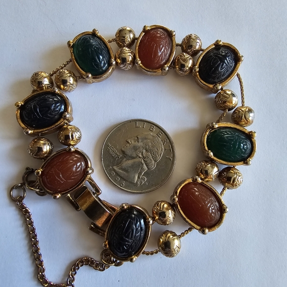 Vintage Scarab Bracelet Egyptian Revival Slide Charms gold tone Victorian - Picture 5 of 13